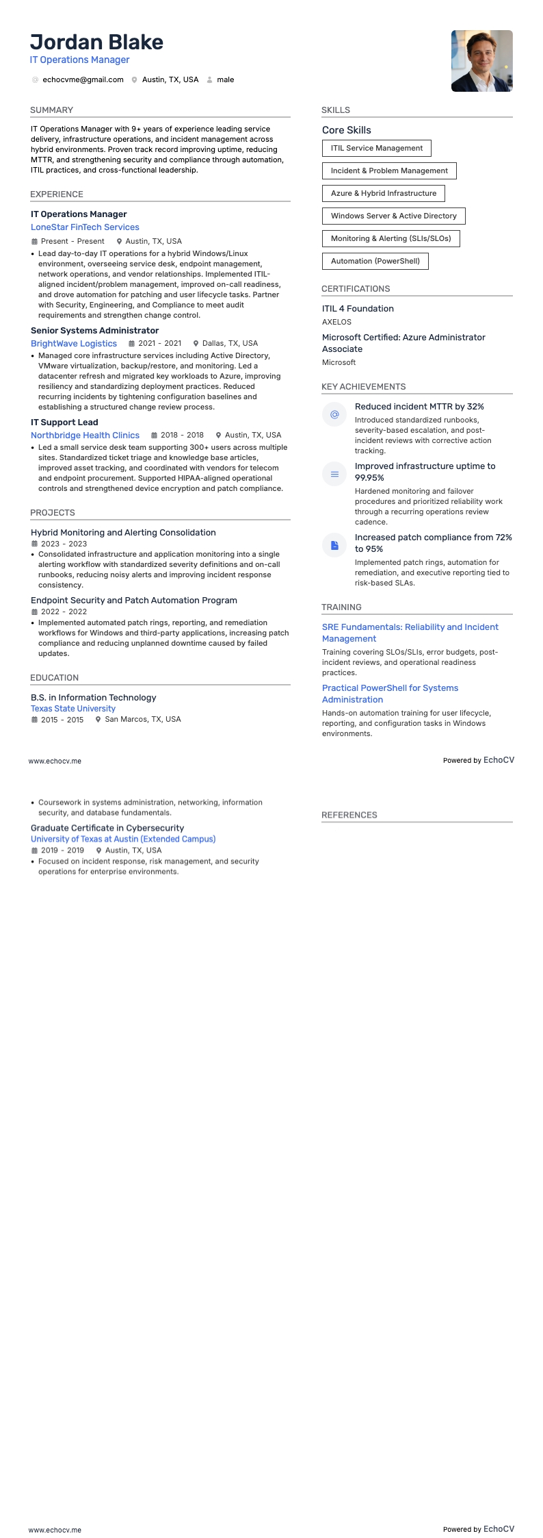 IT Operations Manager example resume