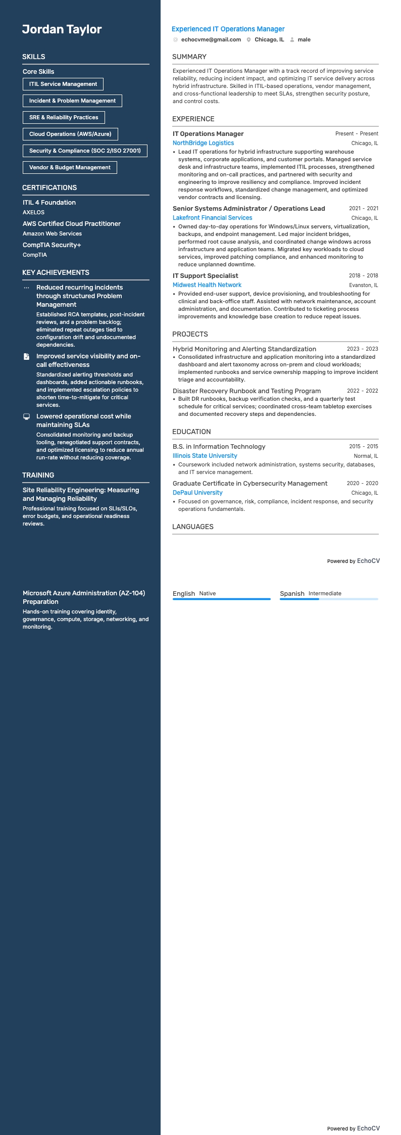 Gerente de Operações de TI experiente