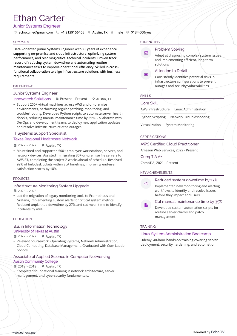 Junior Systems Engineer example resume