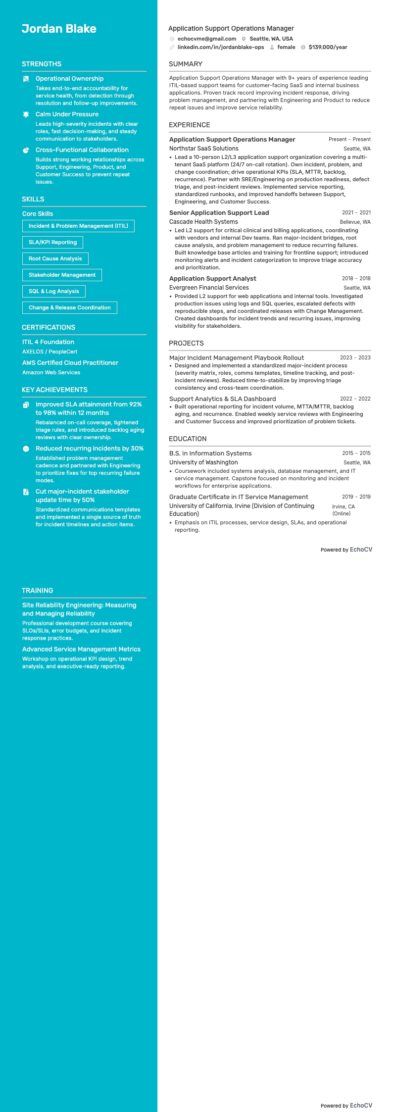 Application Support Operations Manager example resume