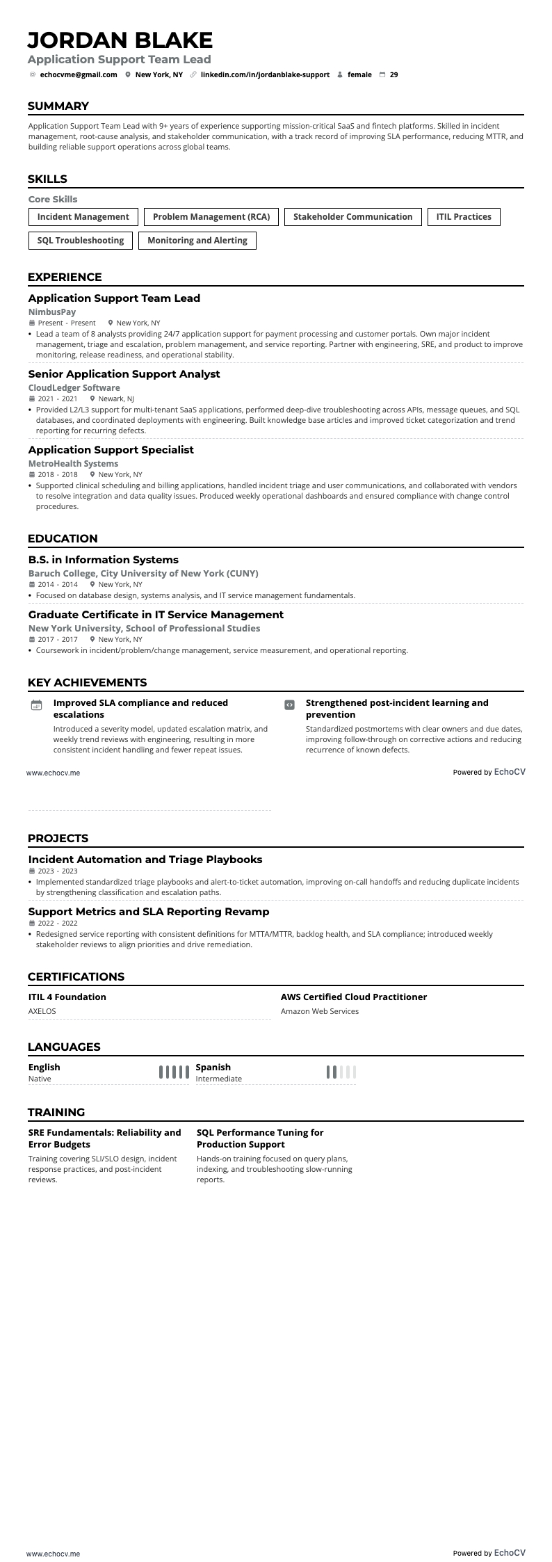Manager applicatieondersteuning resume example