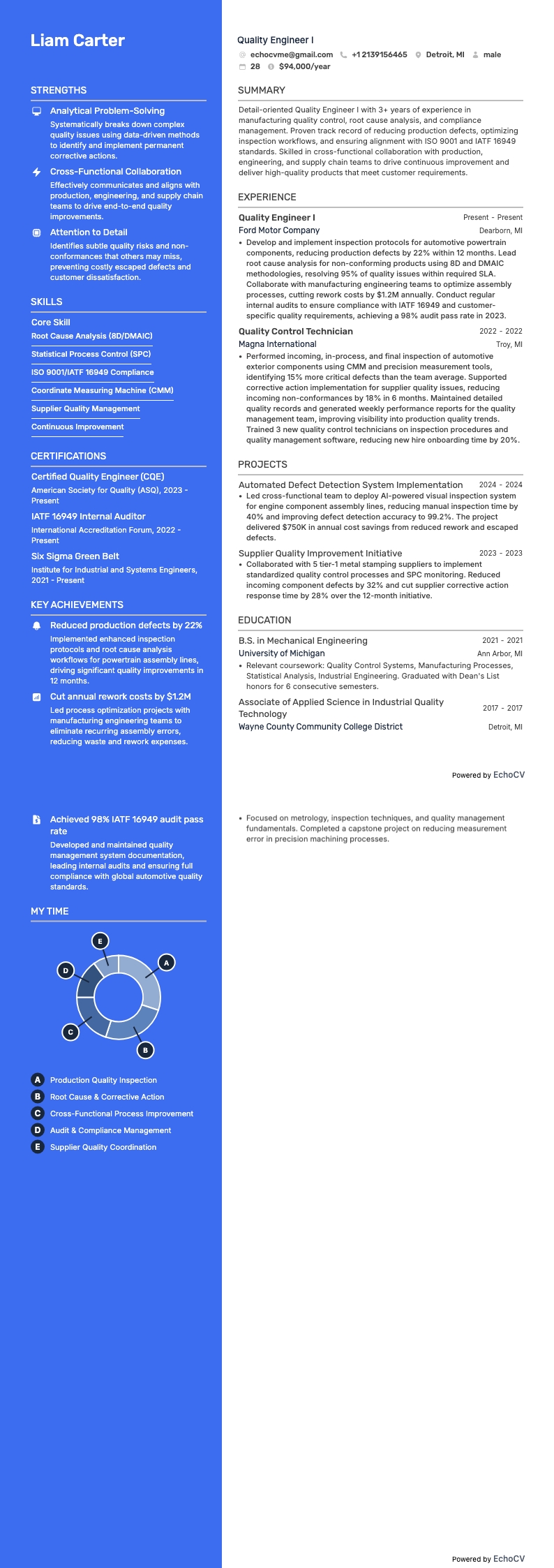 Quality Engineer I example resume