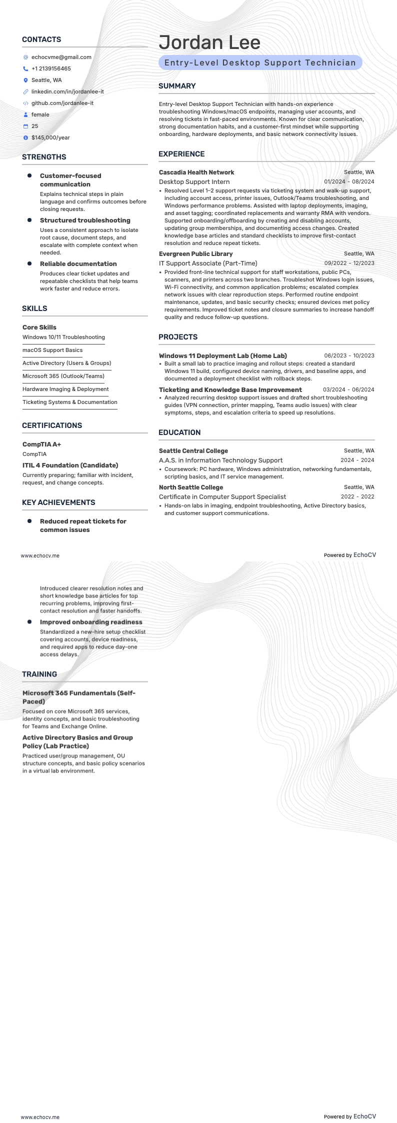 Technicien support bureautique débutant example resume