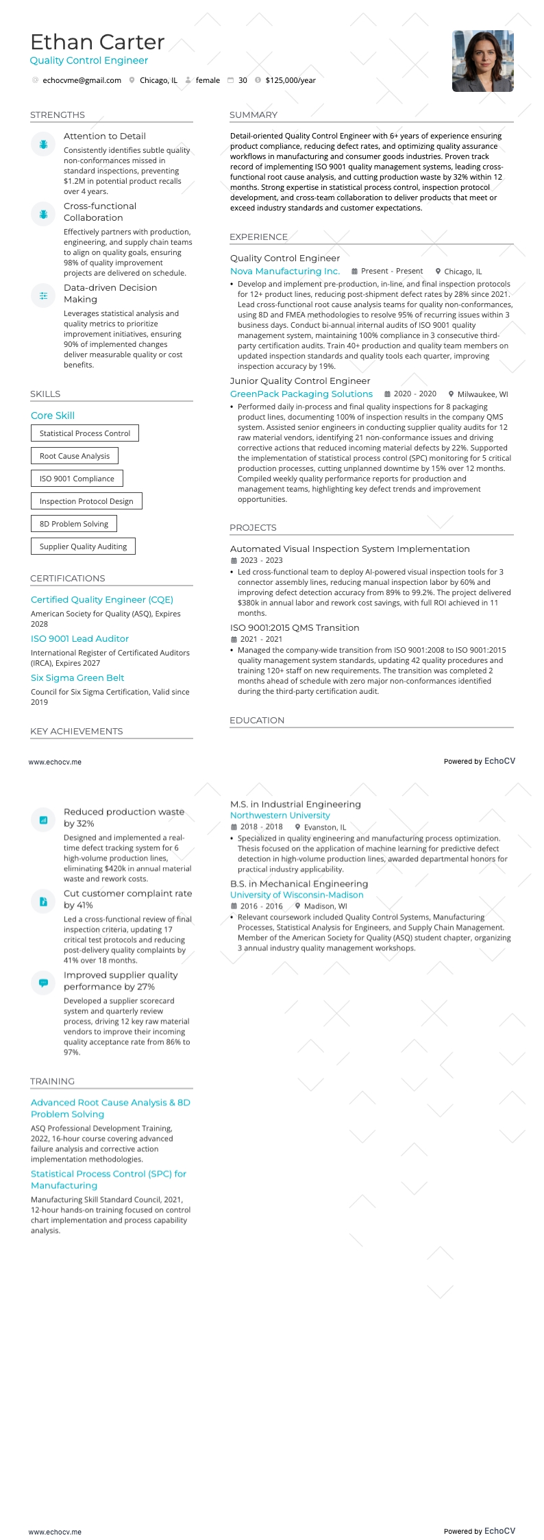 Quality Control Engineer example resume