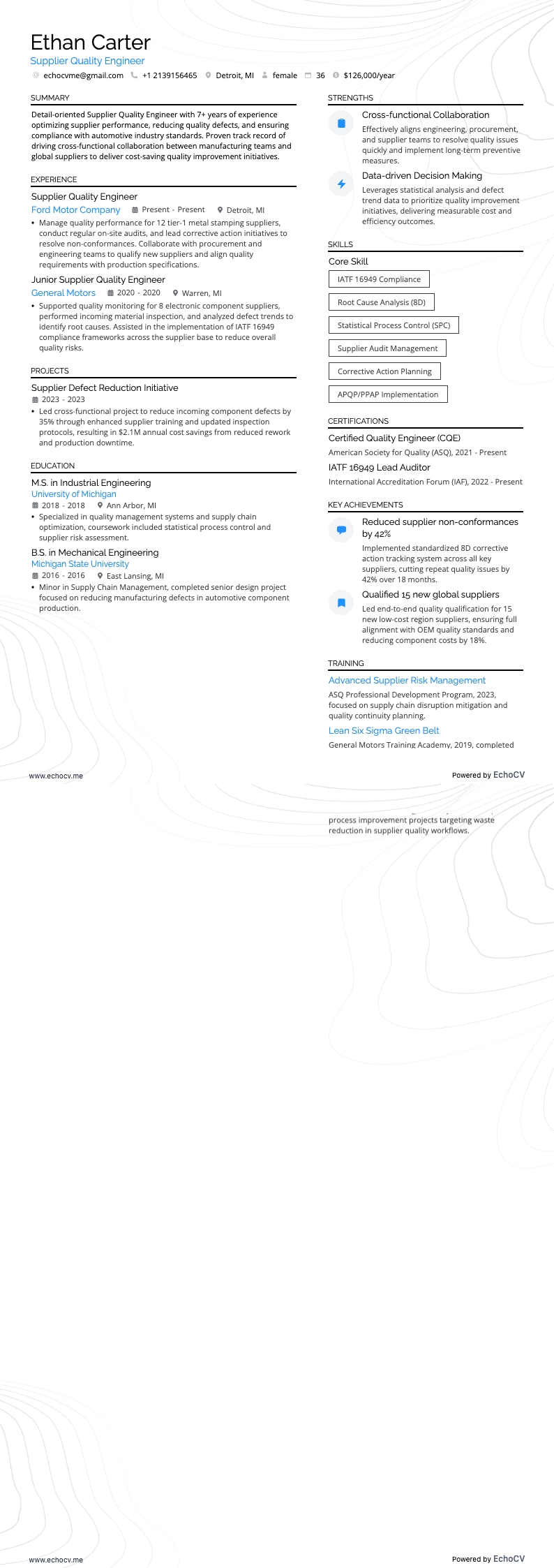 Supplier Quality Engineer example resume