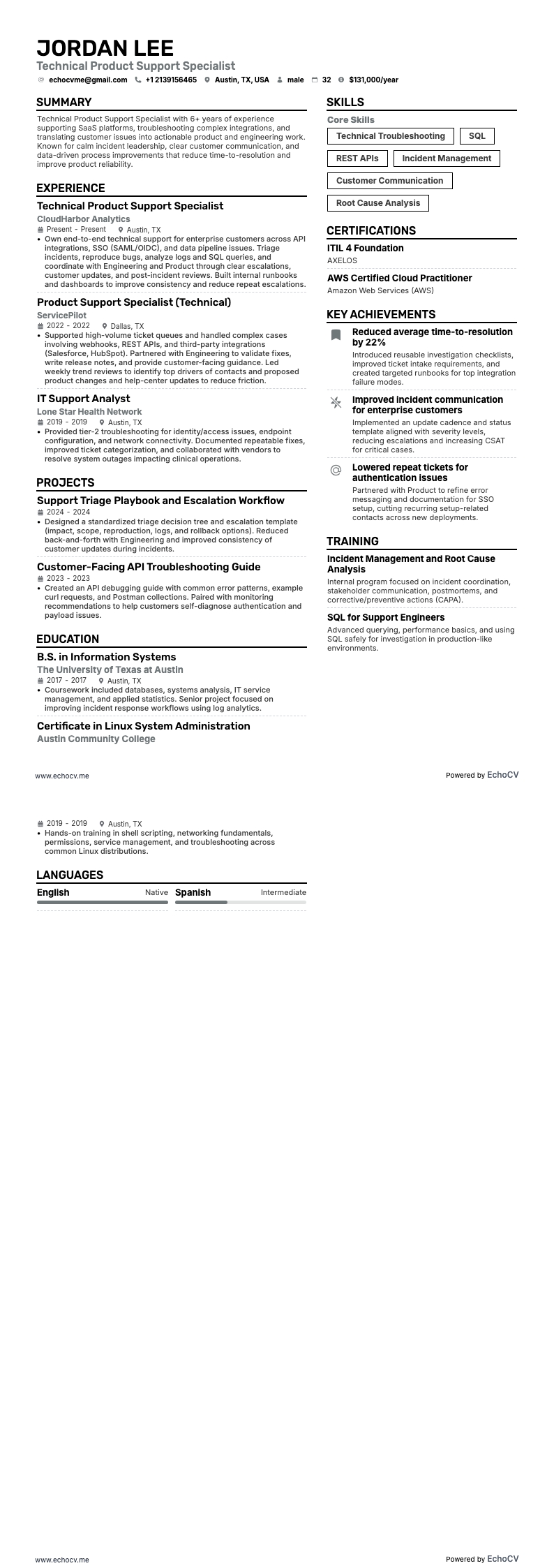 Technical Product Support Specialist example resume
