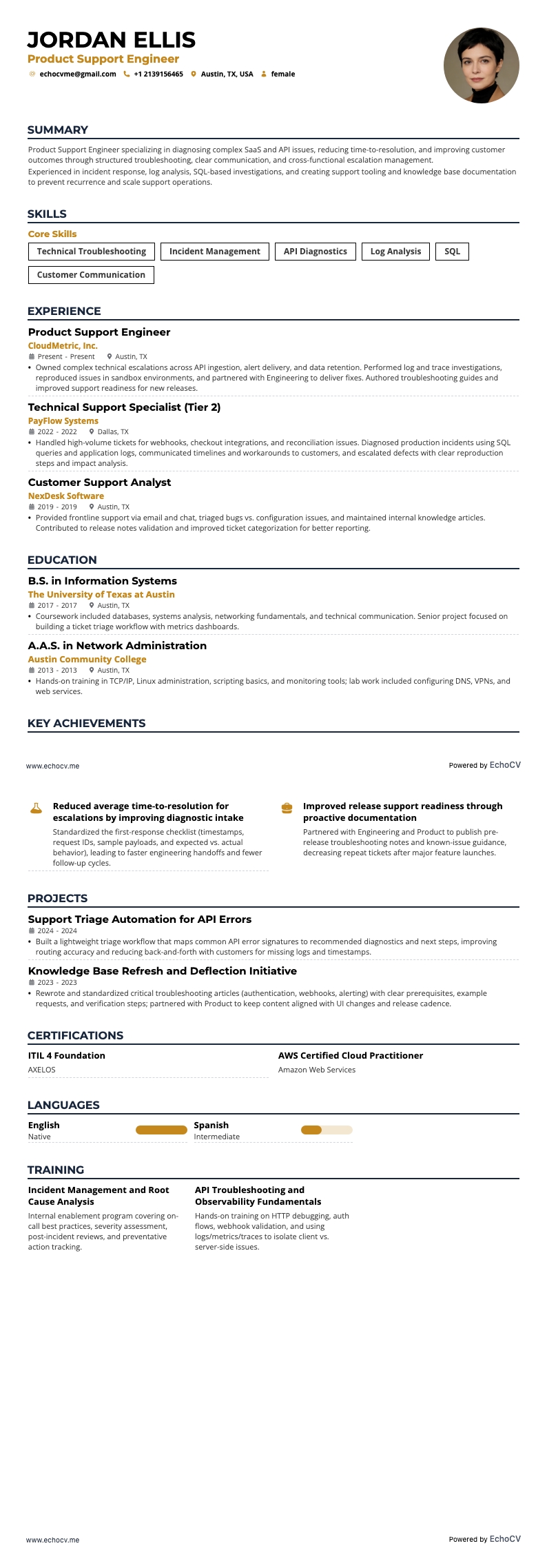 Product Support Engineer example resume