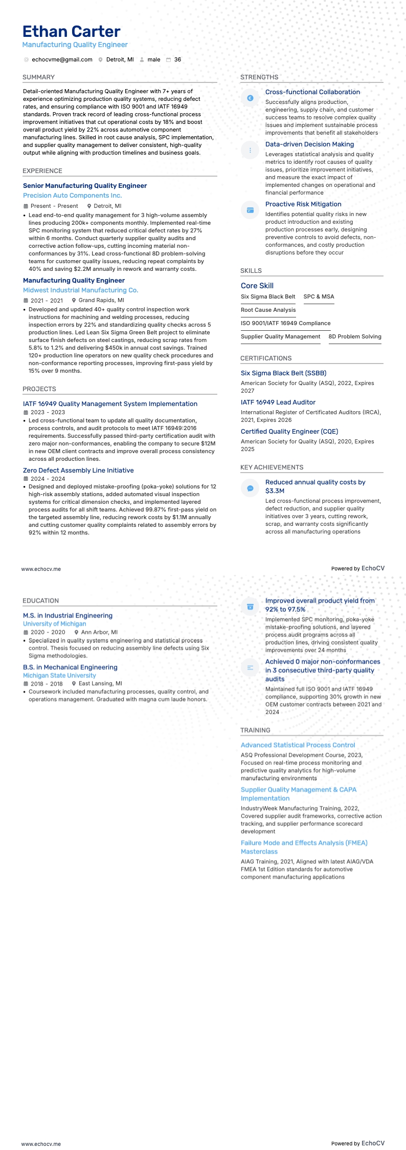 Manufacturing Quality Engineer example resume