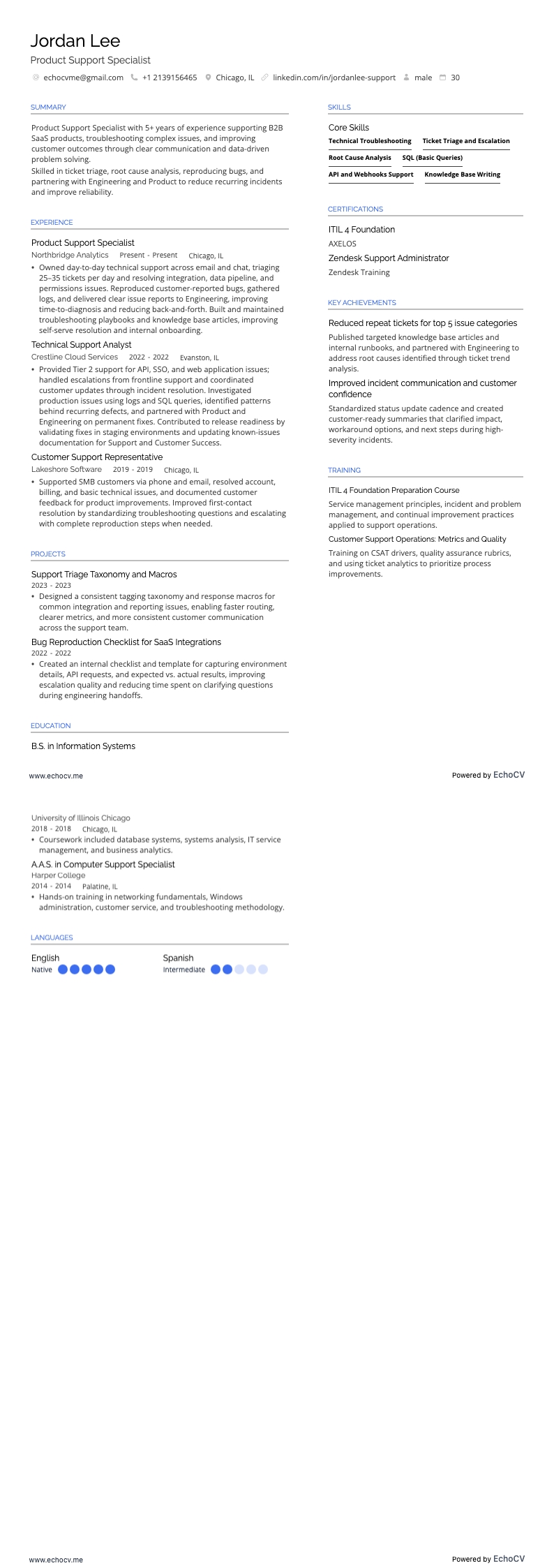 Product Support Specialist example resume