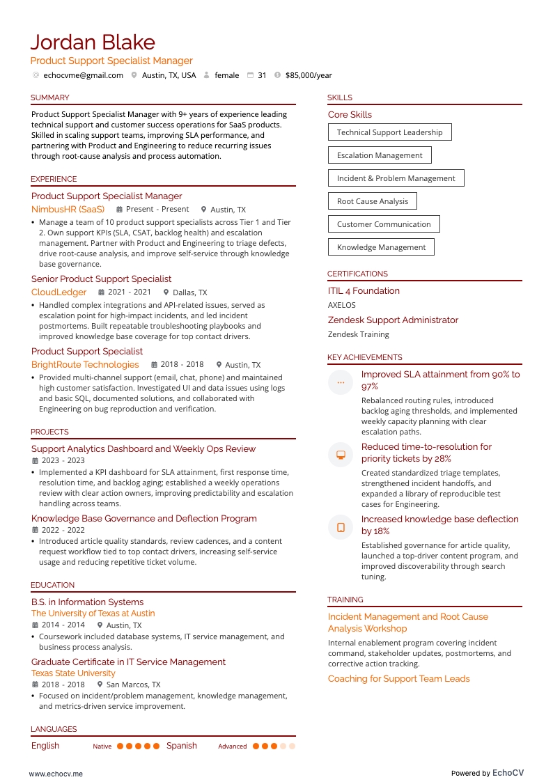 Product Support Specialist Manager full preview