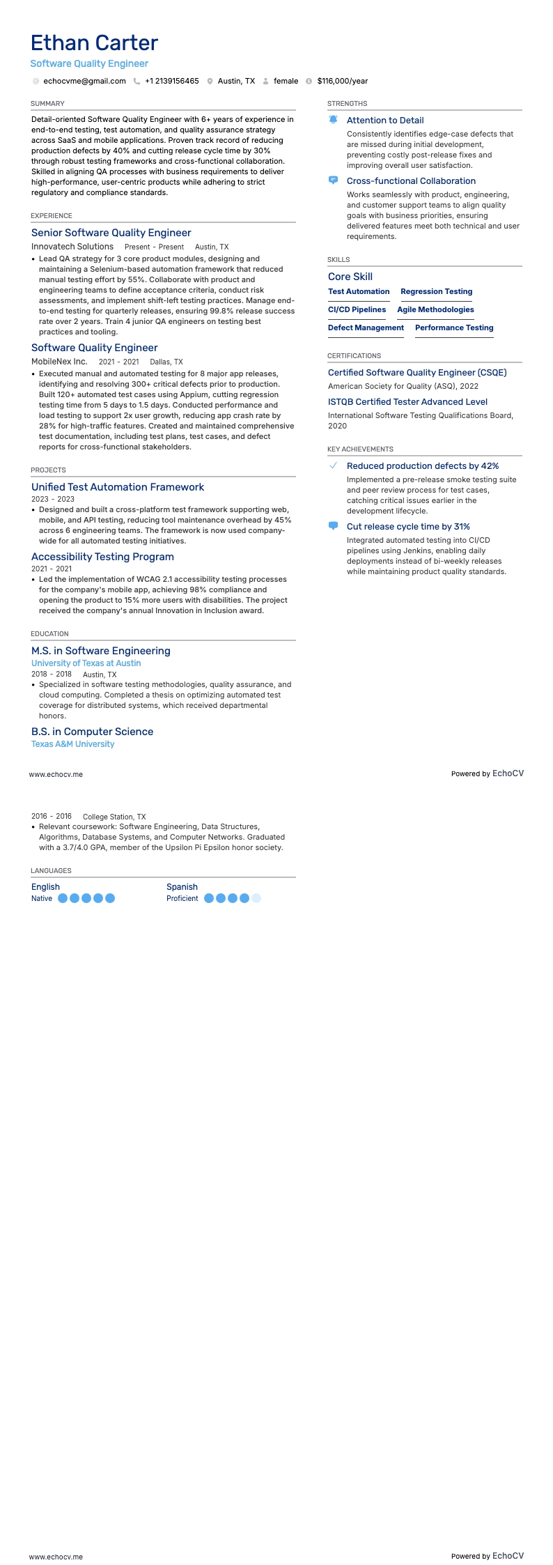 Software Quality Engineer example resume