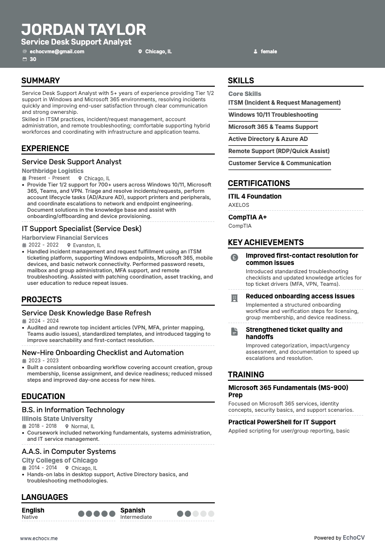 Analista de soporte de mesa de servicio example resume