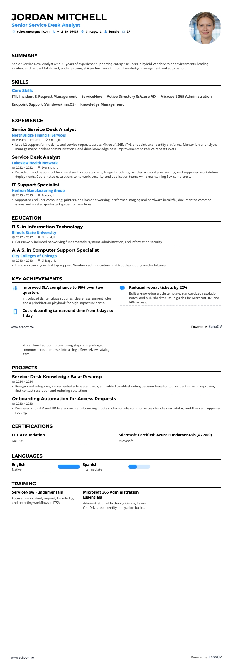 Analista sénior de mesa de servicio example resume
