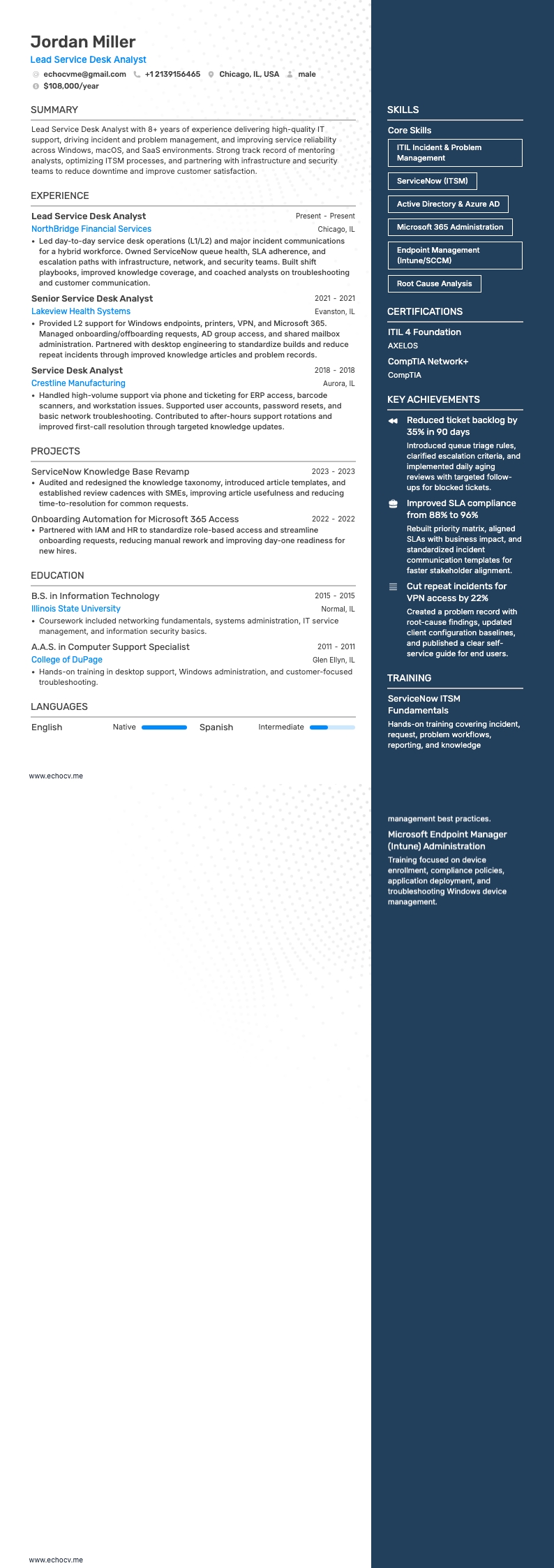 Analista principal de mesa de servicio example resume