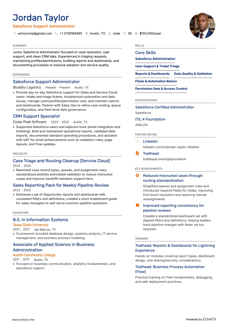 Salesforceサポート管理者 example resume