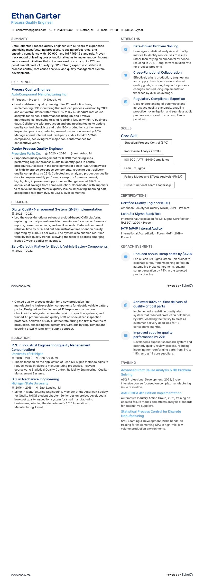 Process Quality Engineer example resume