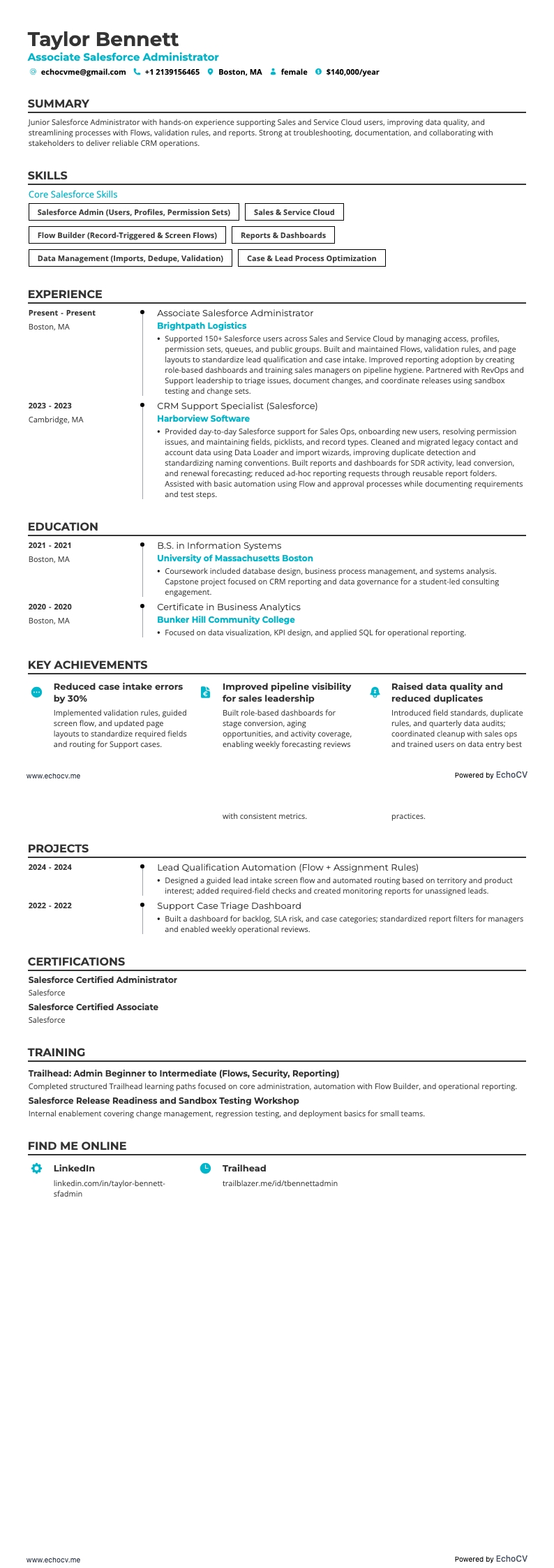 アソシエイト Salesforce管理者 example resume