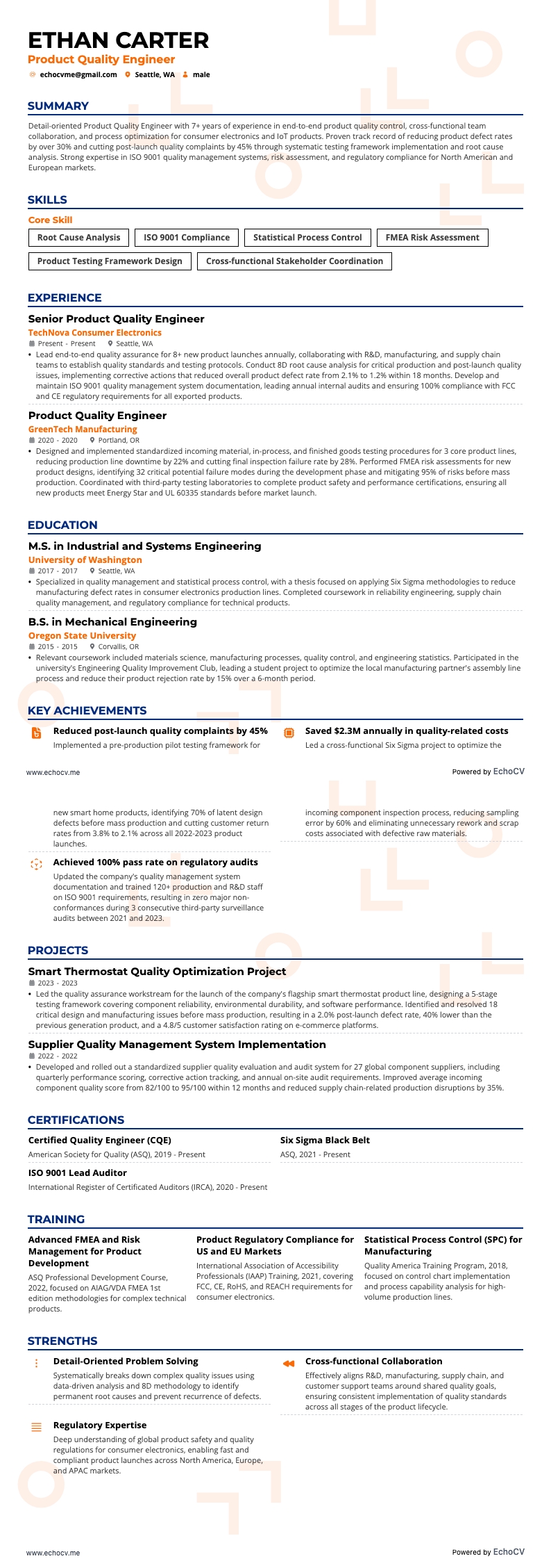 Qualitätsingenieur resume example