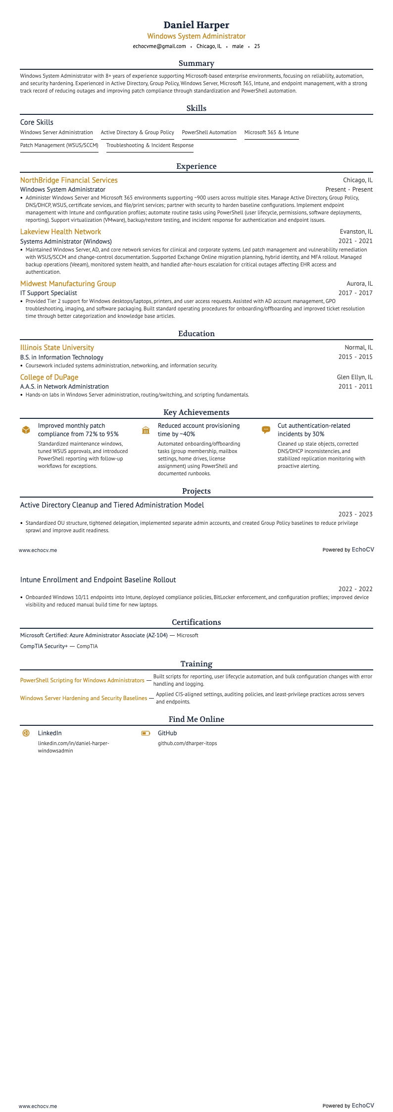 Administrador de sistemas Windows resume example