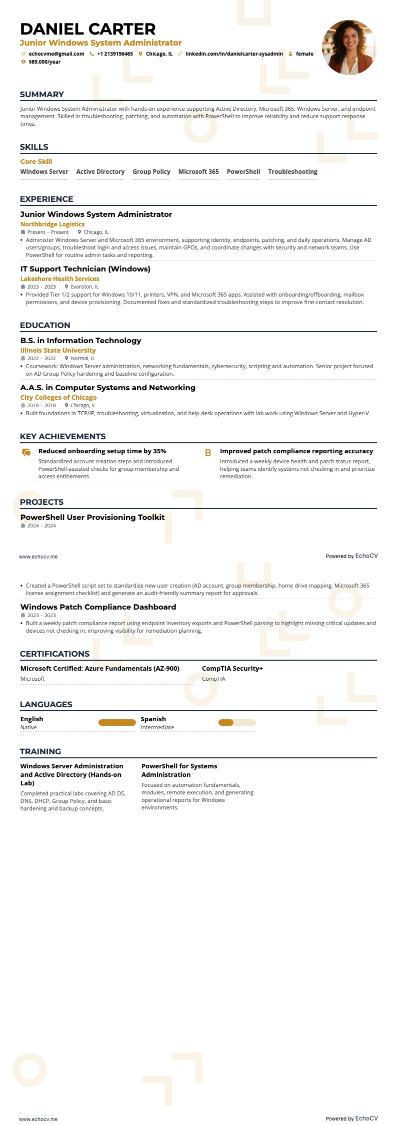Quản trị viên hệ thống Windows resume example