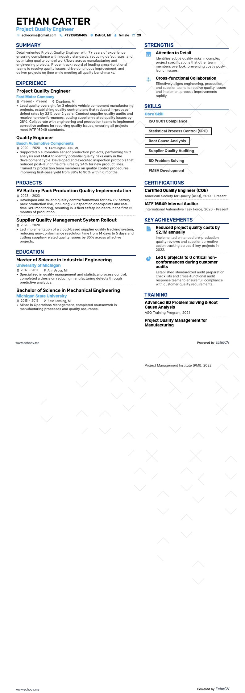 Project Quality Engineer example resume