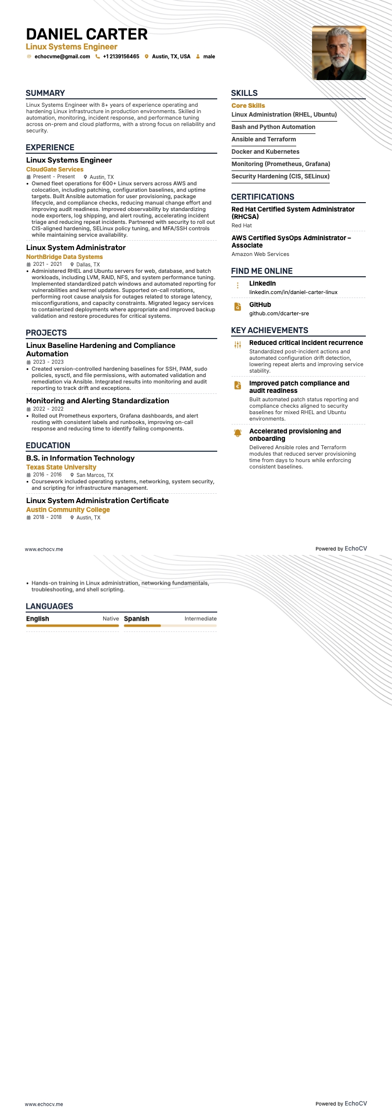 Linux Systems Engineer example resume