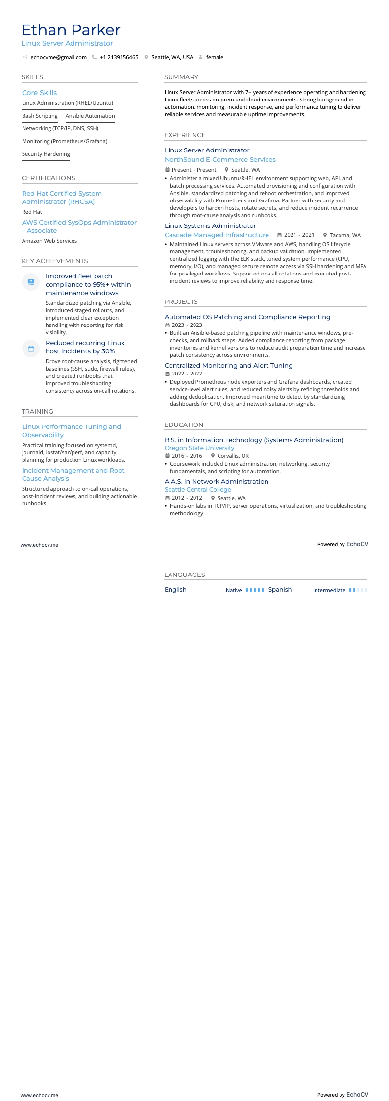 Linux Server Administrator example resume