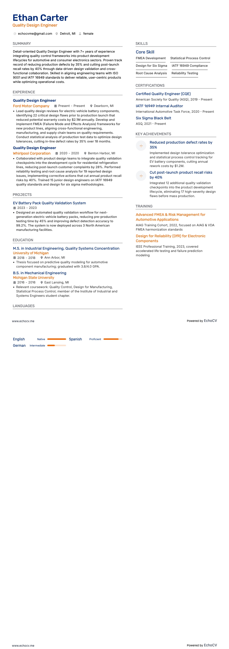 Quality Design Engineer example resume