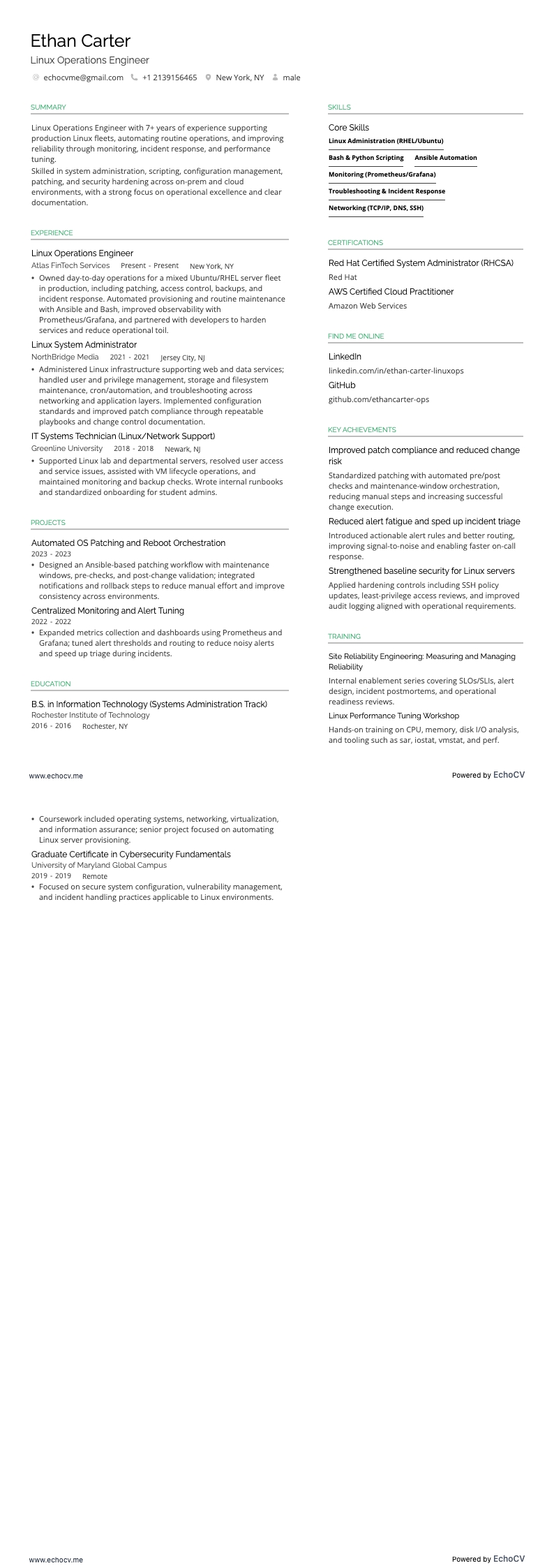 Linux Operations Engineer example resume