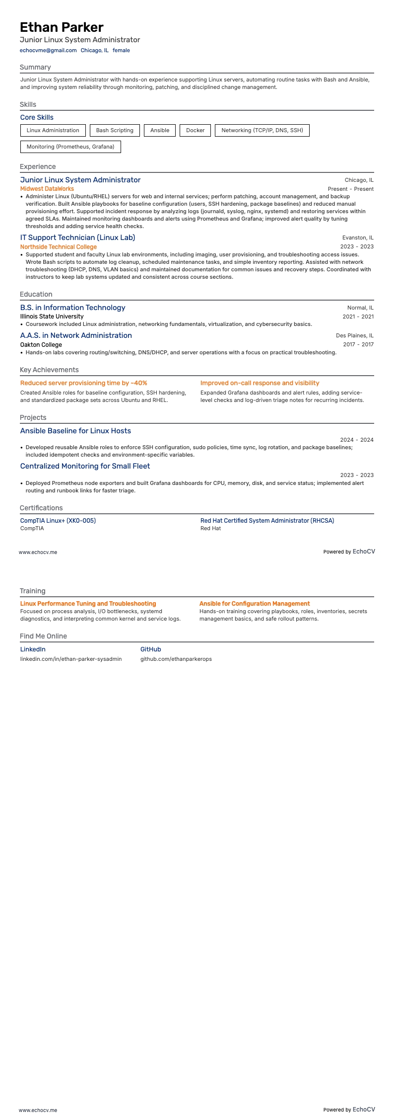 Junior Linux System Administrator example resume