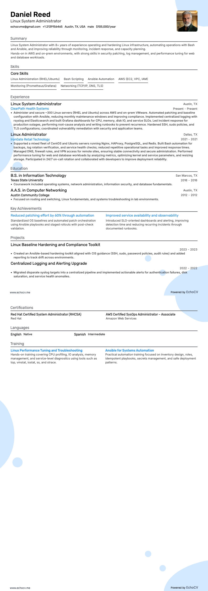 Linux系統管理員 resume example