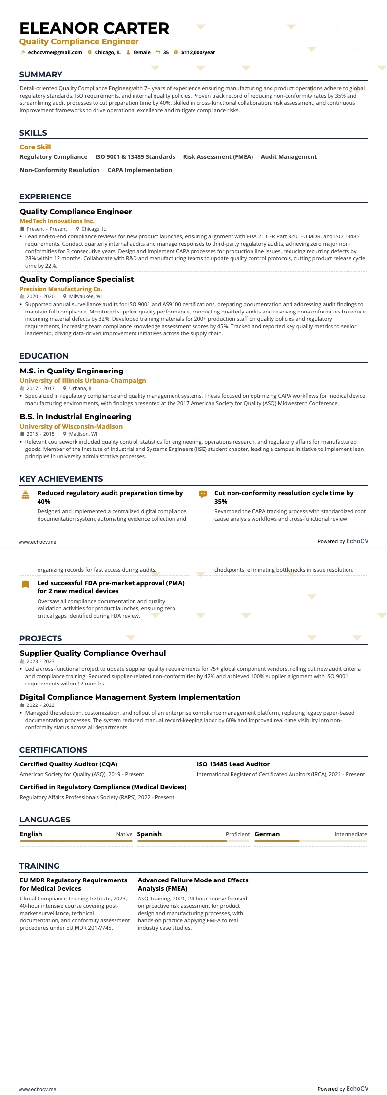 Quality Compliance Engineer example resume