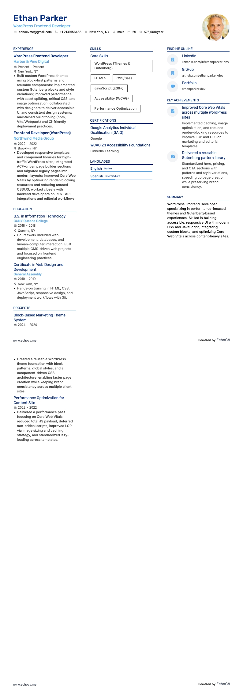 WordPress Frontend Developer example resume