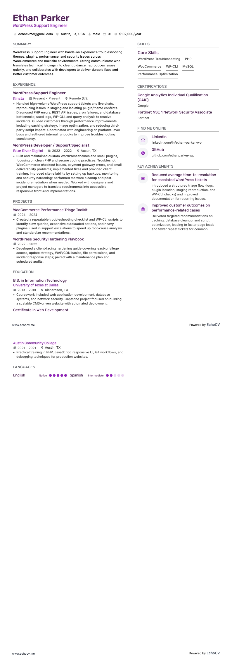WordPress Support Engineer example resume
