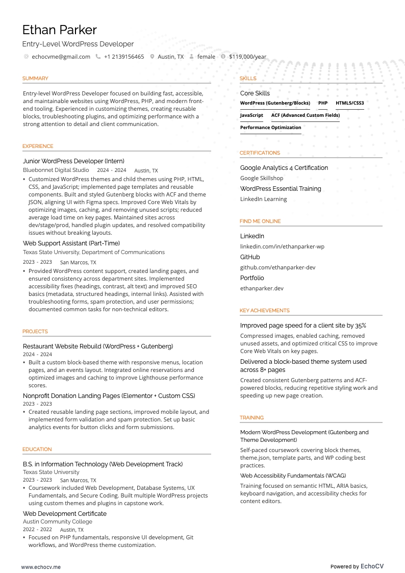 Entry-Level WordPress Developer example resume