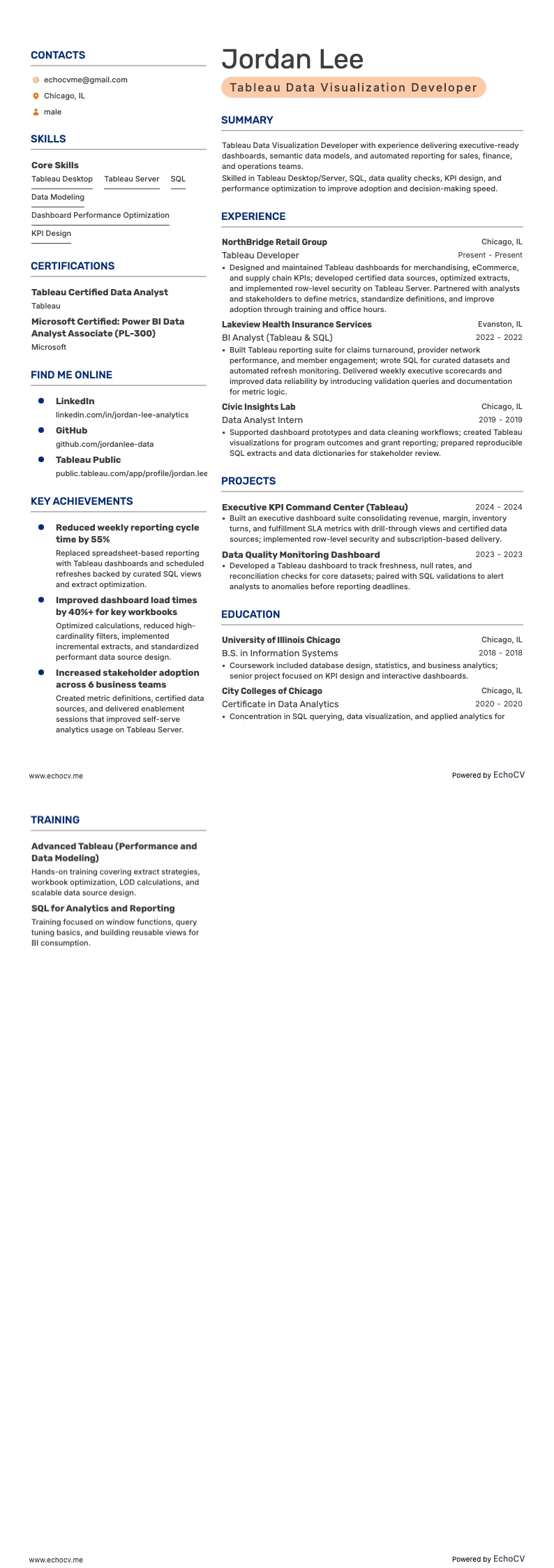 Tableau Data Visualization Developer example resume