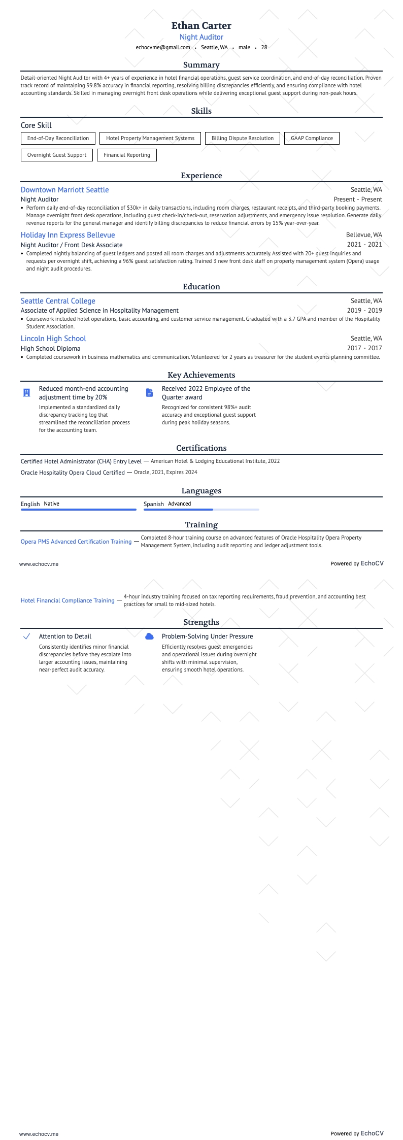 Auditeur de nuit example resume