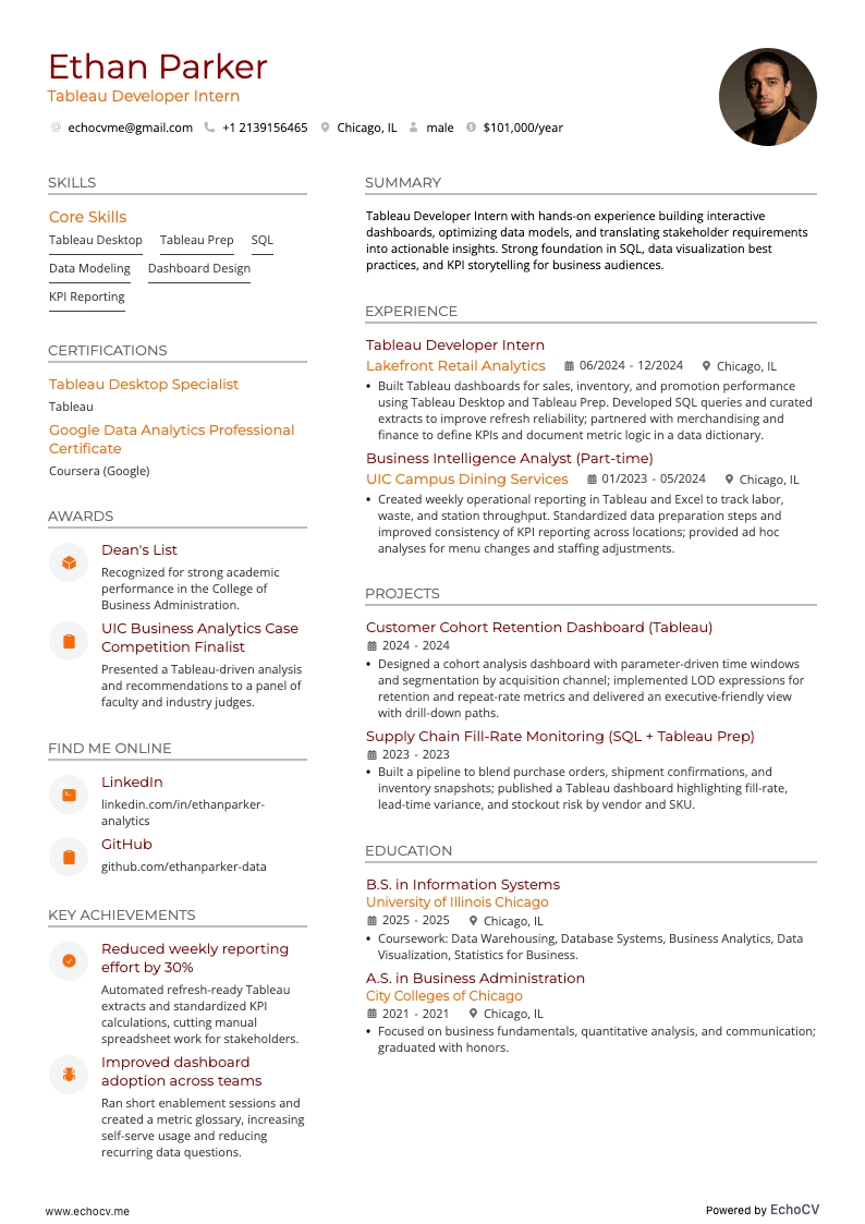Tableau Developer Intern example resume