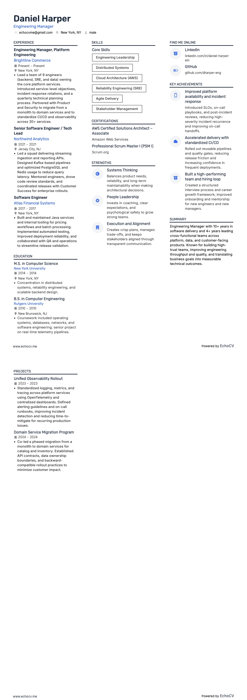 엔지니어링 매니저 example resume