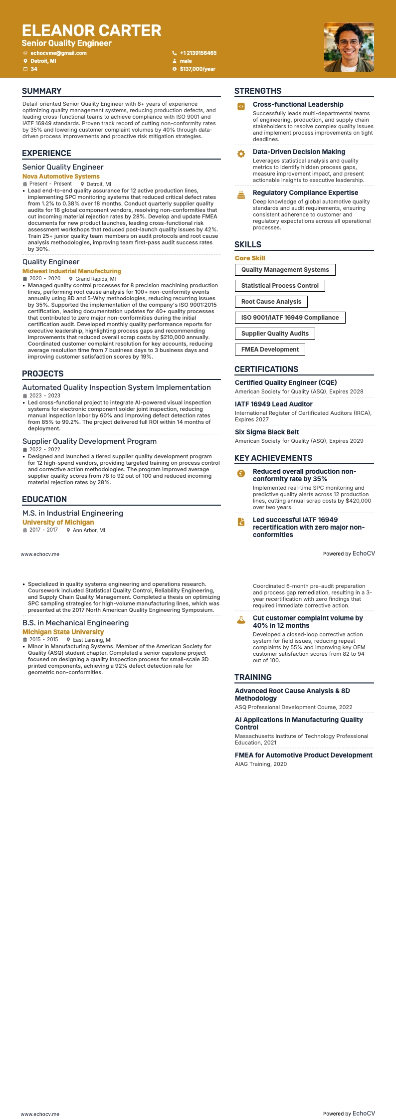 Senior Quality Engineer example resume