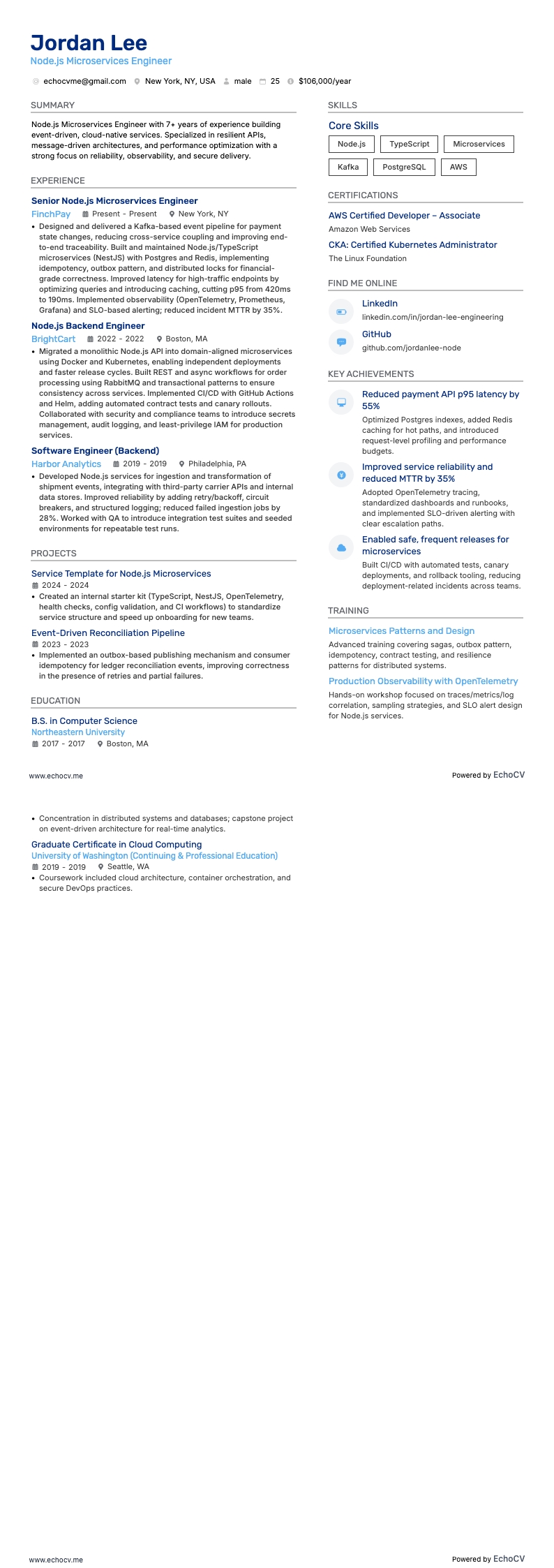Node.js 开发者 resume example