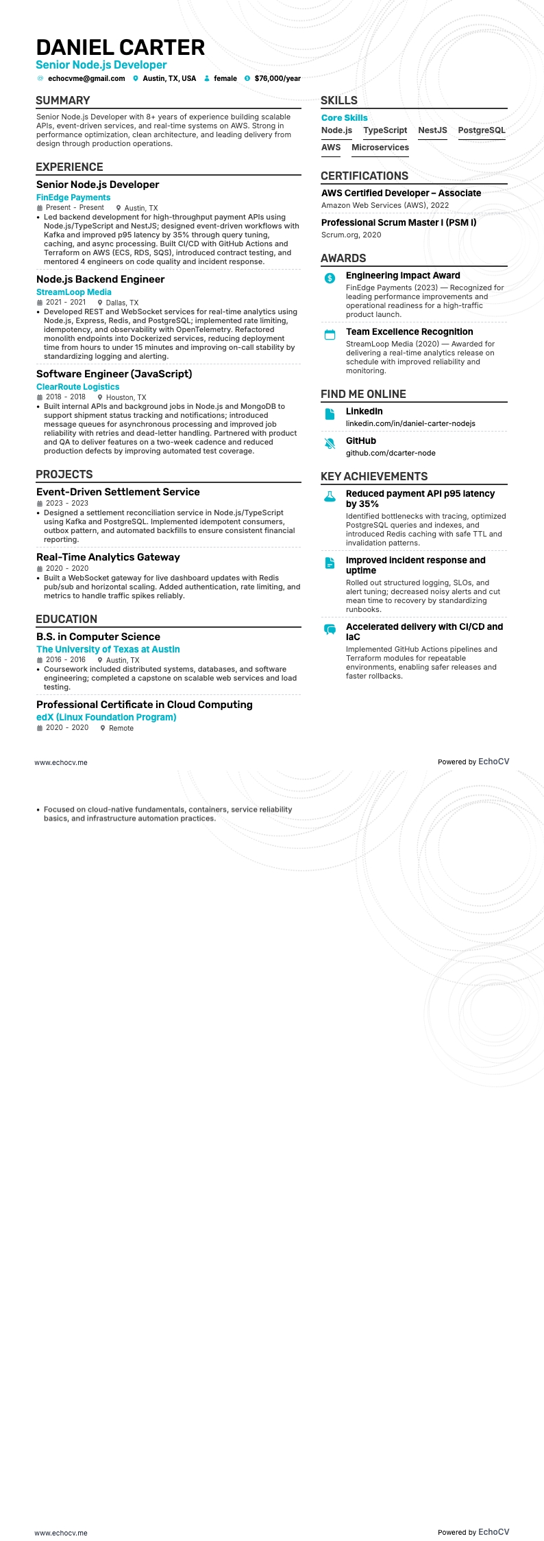 Desarrollador Node.js Senior example resume