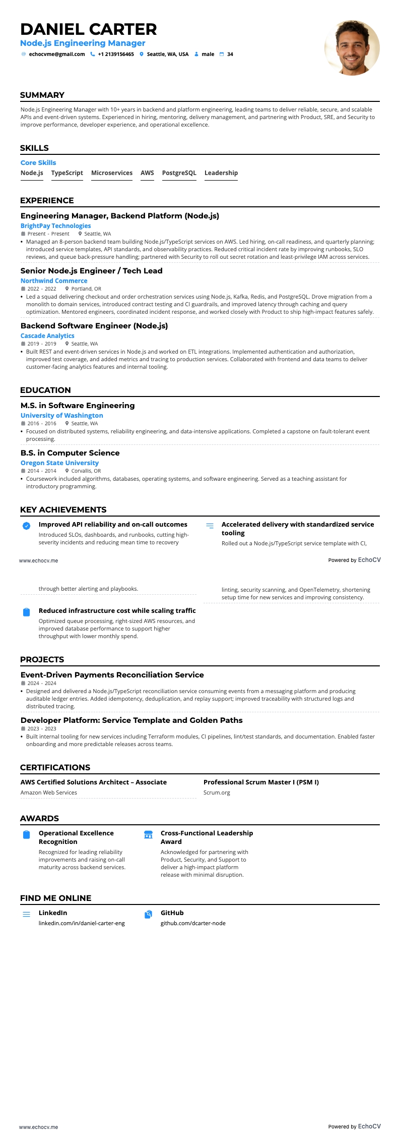 Desarrollador Node.js resume example