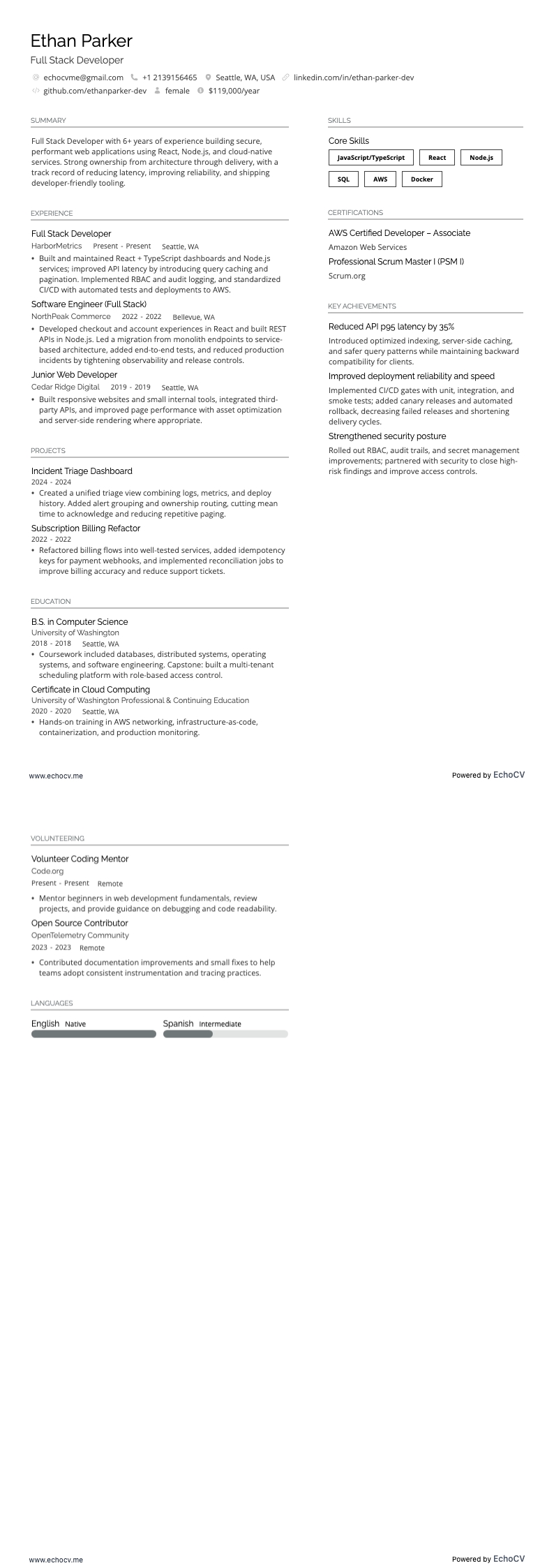 풀스택 개발자 example resume