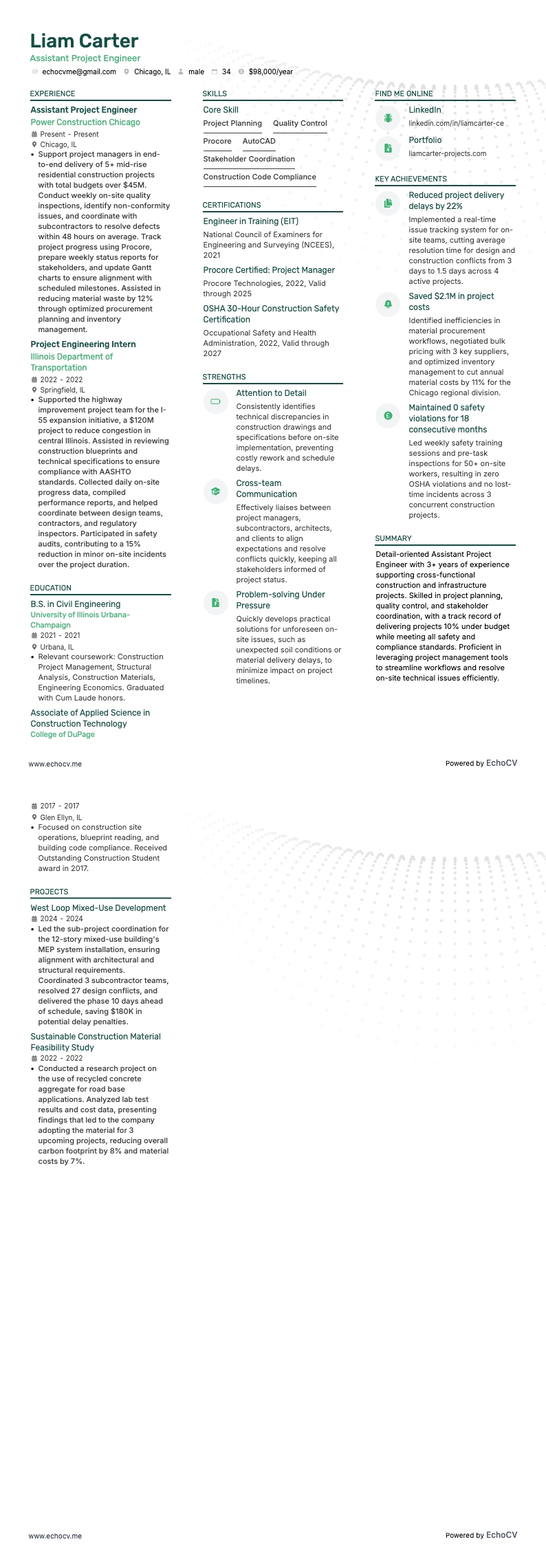 Biträdande projektingenjör example resume