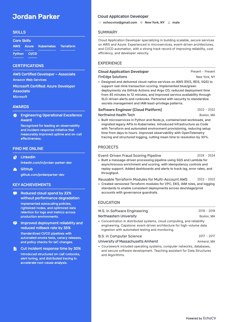 클라우드 애플리케이션 개발자 example resume