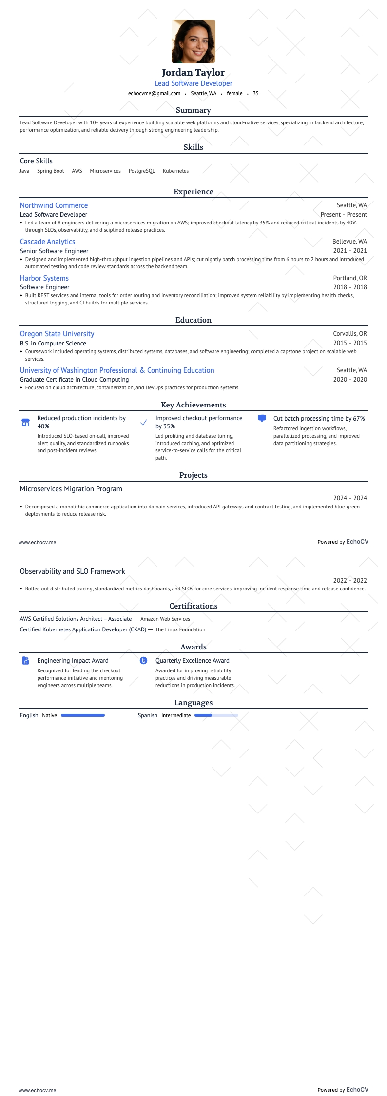 개발자 resume example