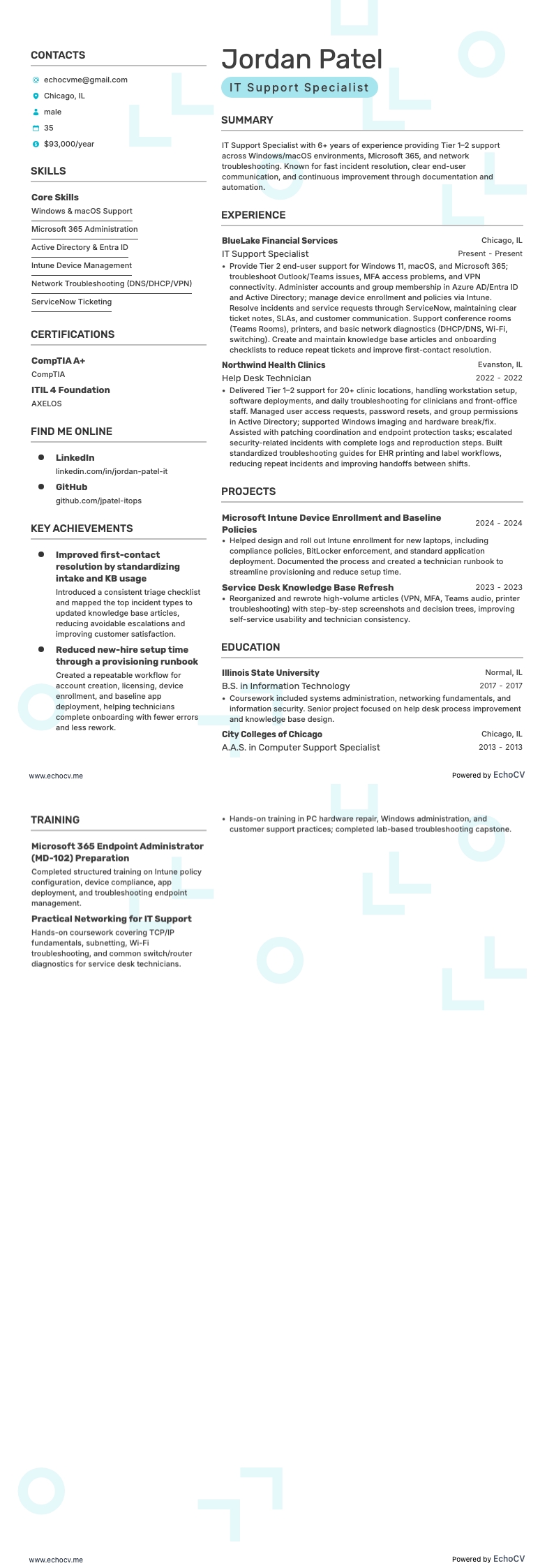 IT支援專員 example resume
