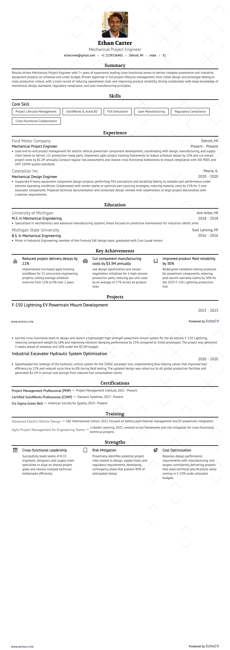 Mekanisk projektingenjör example resume