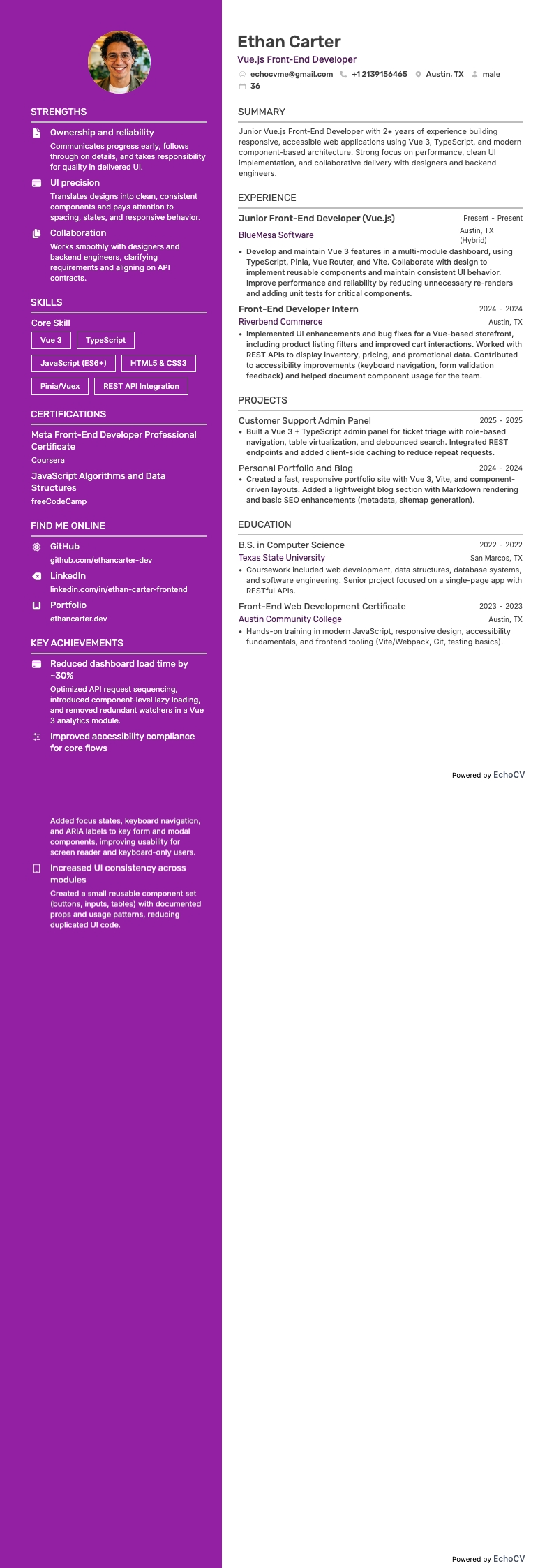 Vue.js Front-End Developer example resume
